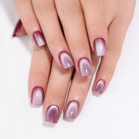 evpct Purple Cat Eye Short Press on Nails Square, Petite Short Square Glossy Nails with Designs for Women, Light Lavender Purple Stick on Glitter Reusable Gel Press on Acrylic Fake Nail Holographic