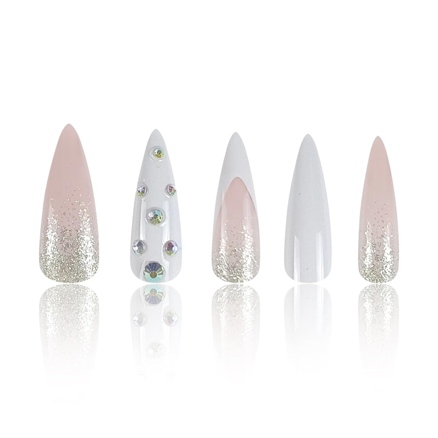 SINHOT Rhinestones Long Stiletto Fake Nails - Glossy Glue on White French Tip Acrylic Pink Almond Artificial Sparkly Glitter Stick on False Nails with Design 24 pcs