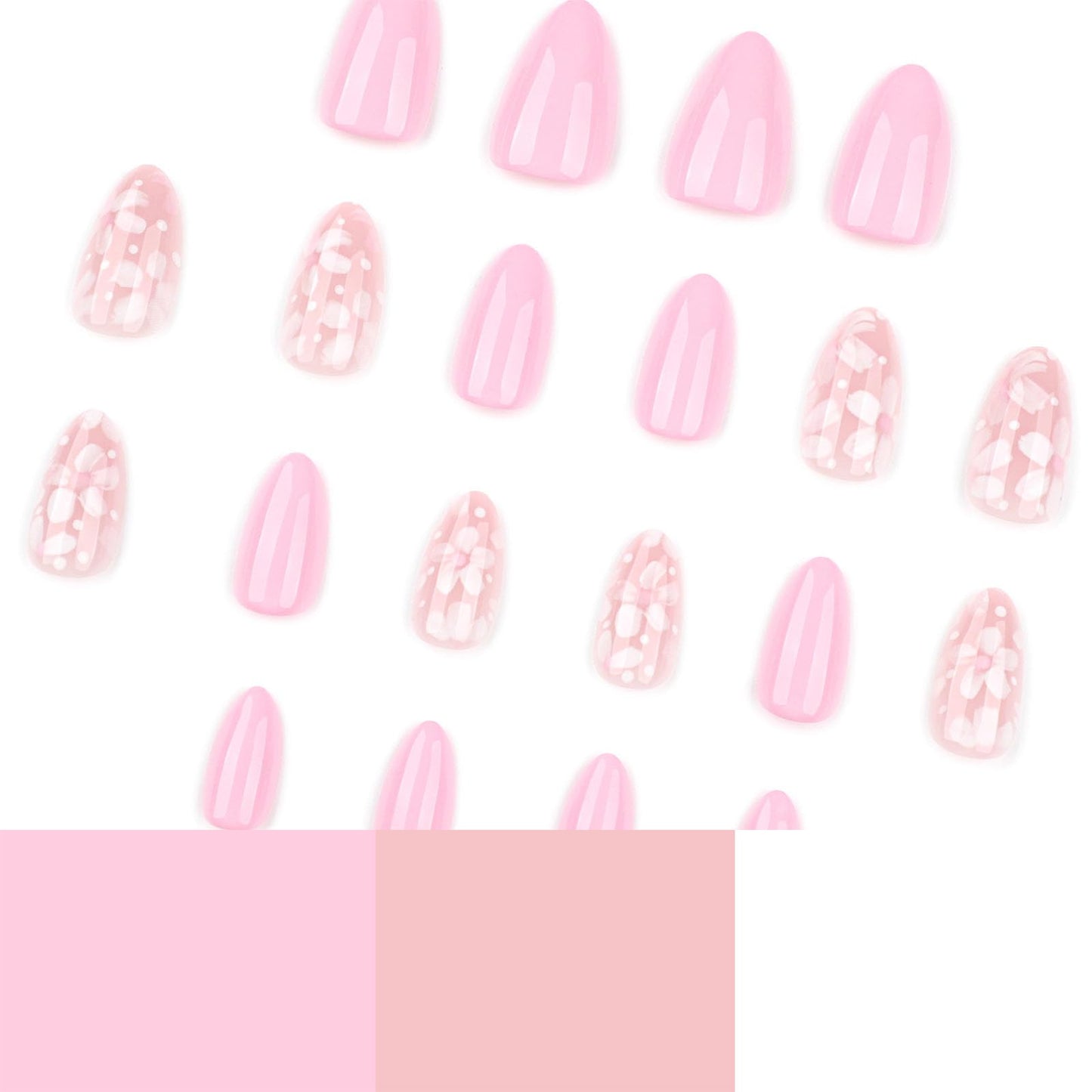 Almond Press on Nails Short Fake Nails Pink Flower Polka Dot Design Stick on Nails Summer Full Cover Reusable False Nail for Women 24Pcs