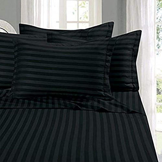 Elegant Comfort Wrinkle & Fade Resistant 1500 Premier - Damask Stripes Hotel Quality Luxurious Silky Soft 4pc Sheet Set, Up to 16" Deep Pocket, Queen, Black