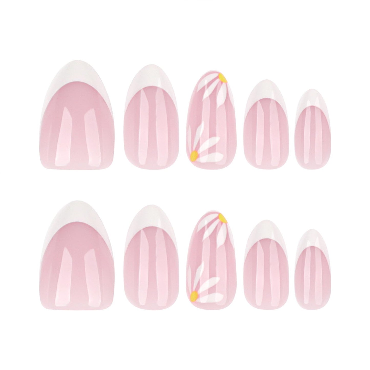 French Tip Press on Nails Short Almond Fake Nails White Stick on Nail with Simple Flower Design Glossy Glue on Nail Women Summer Manicure 24Pcs