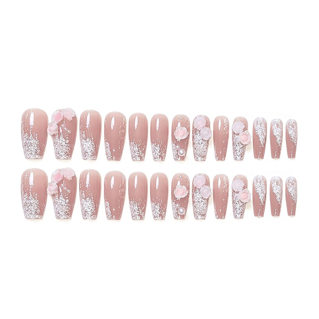 RikView Coffin Press on Nails Long Acrylic Nails White Nails with 3D Flowers Design Glossy Full Cover Nails for Women 24 PCs/Set