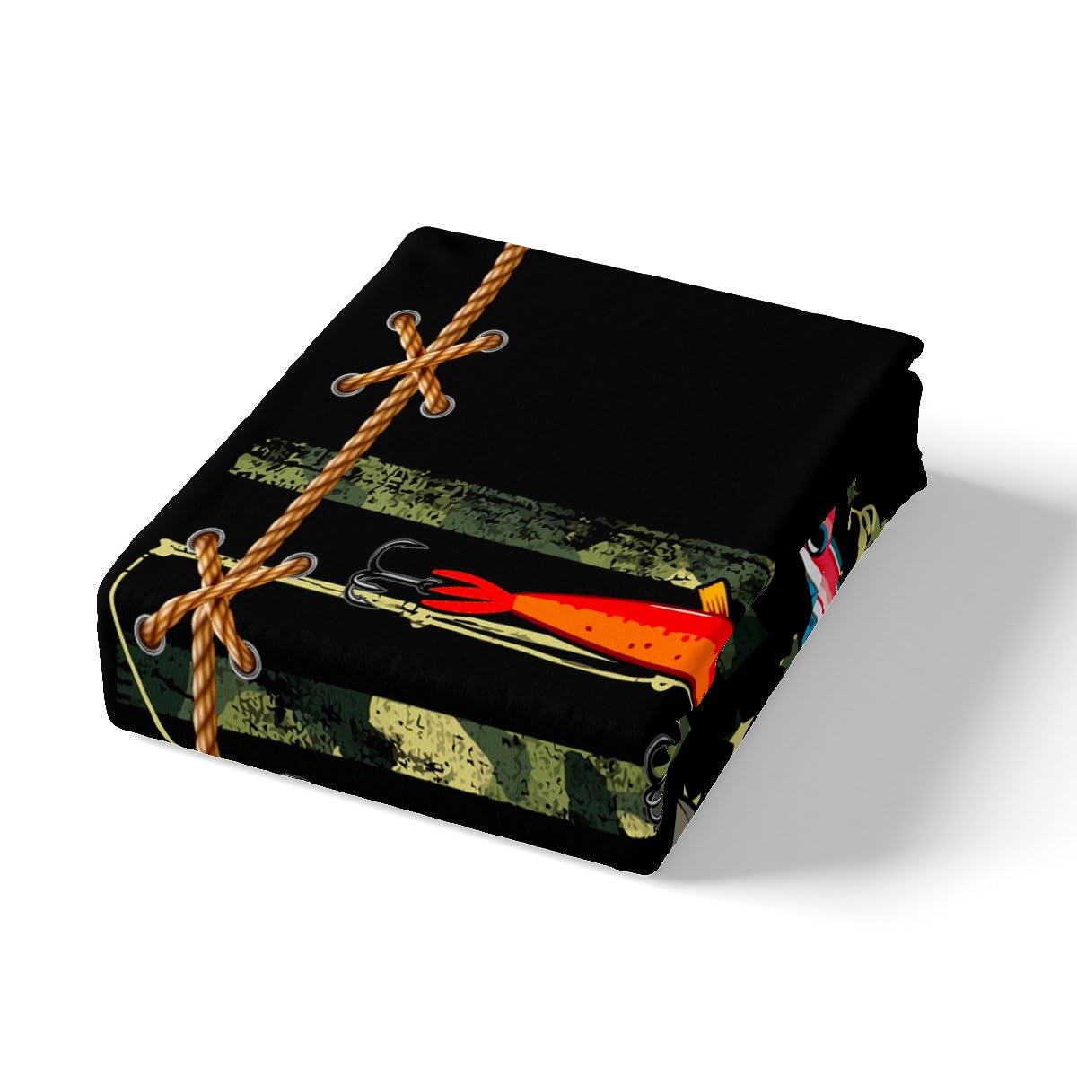Castle Fairy Fishing Lure Bed Sheet Set King Size,Green Camouflage American Flag Deep Pocket Fitted Sheet,1 Flat,2 Pillowcases,Camo Fish Print Fisherman Gift Bed Mattress Cover, Bedroom Decor