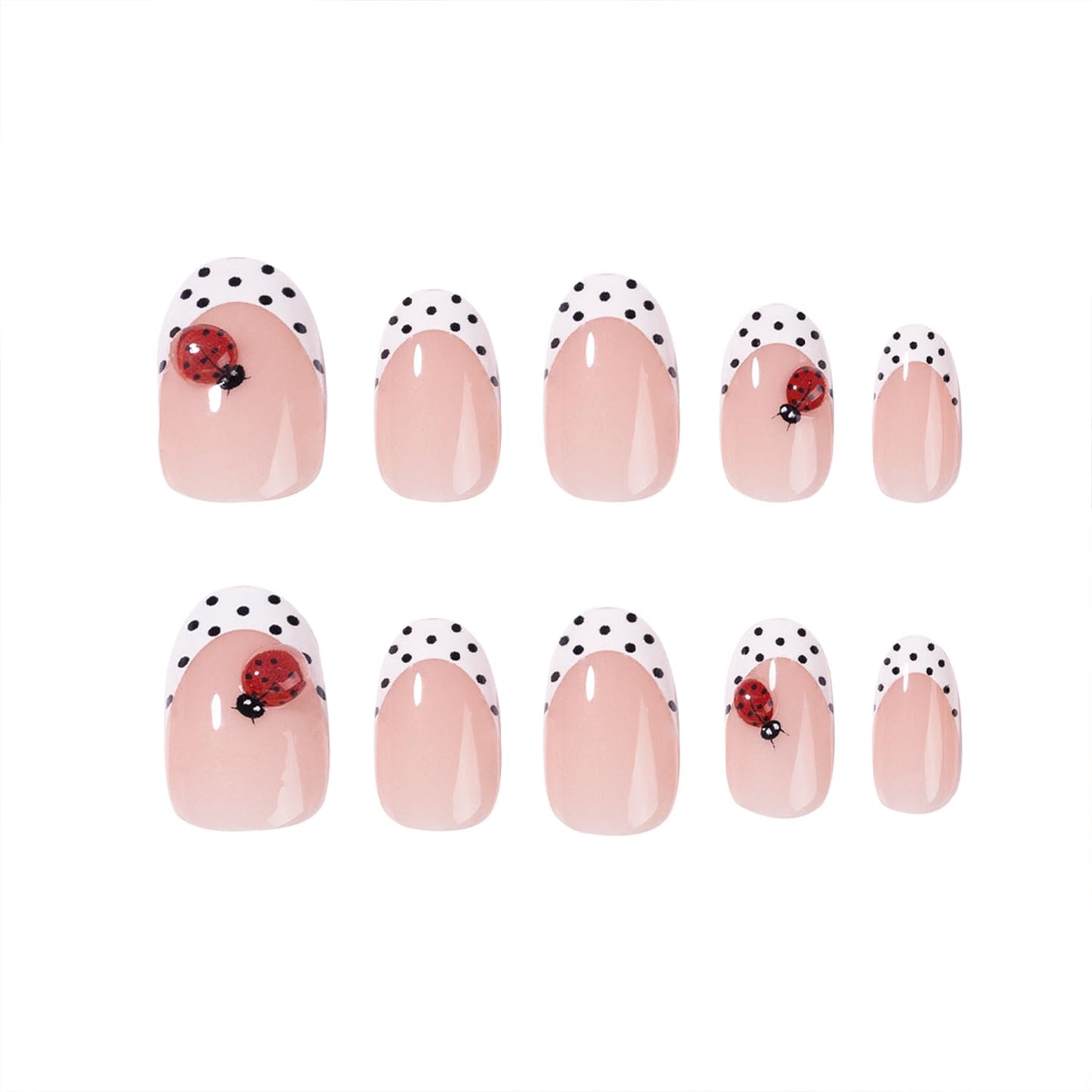 3D Short Oval French Tip Press‑On Nails — Nude Pink with White Polka Dots & Cute Ladybug, Glossy Acrylic Stick‑On Reusable Full‑Cover False Nails for Women & Girls — Easy‑Apply Tabs, Salon‑Quality