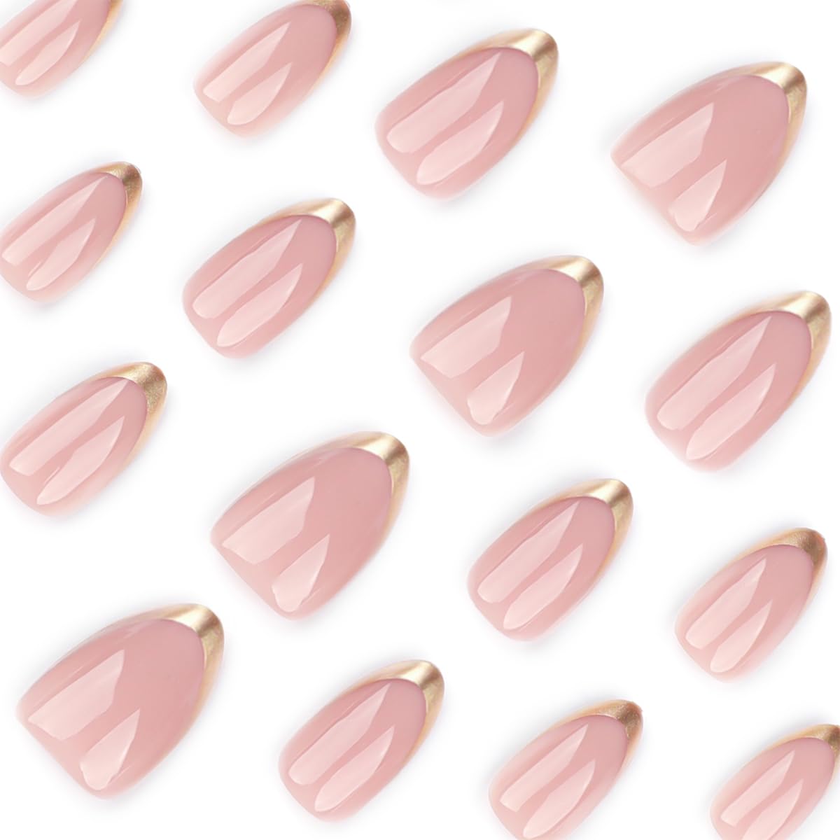 Mivota Almond Press On Nail Short, Pink Fake Nails with Elegantly Crafted Gold French Tips, Glossy Gel Finish, Thick Natural Reusable Glue On Nails Kit for Women 24Pcs, Golden Chic