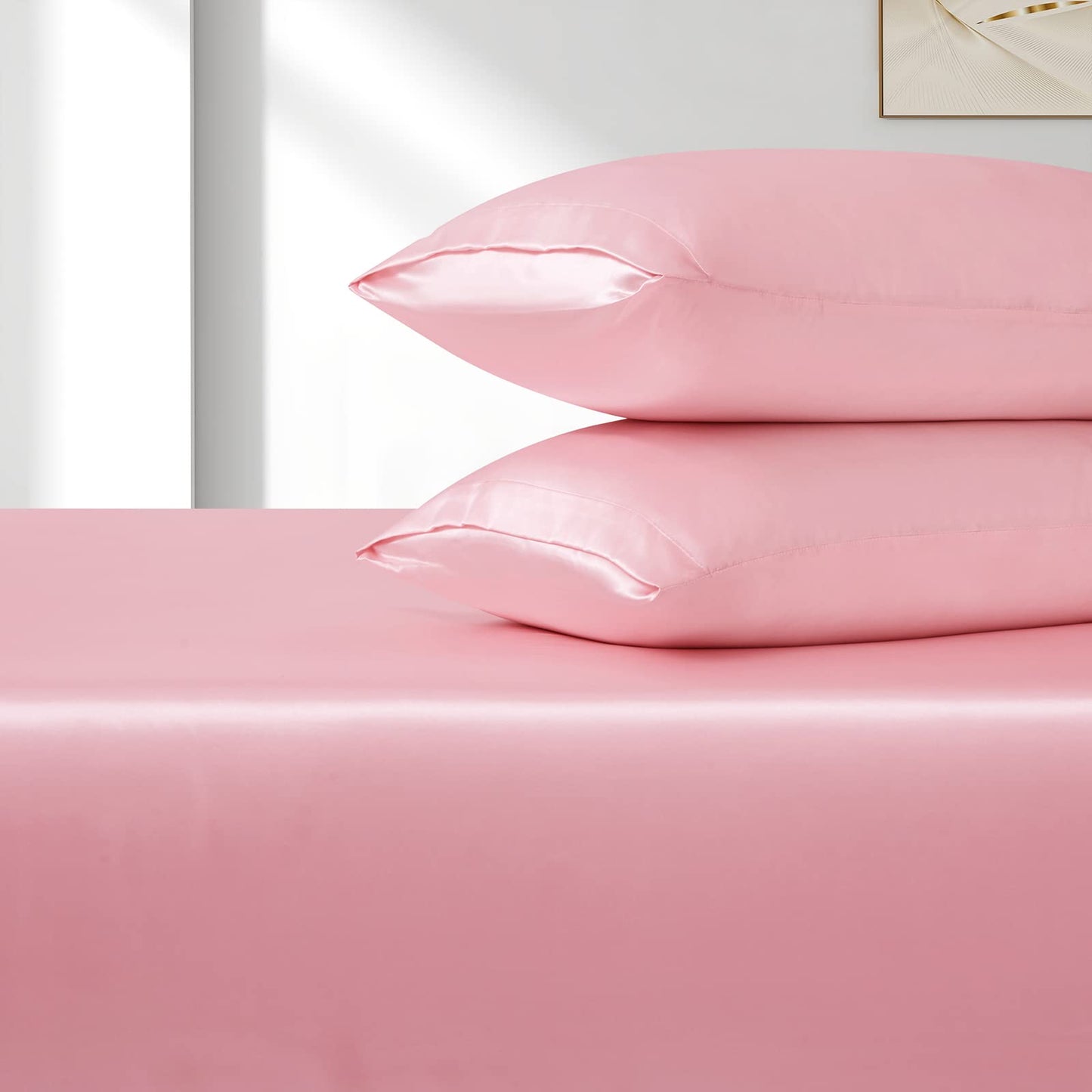 VACVELT 3pcs Extra Deep Pocket Satin Fitted Sheet Set King Bed Set, Pink Bottom Sheet Fit 18-24 Inch Deep Pocket Mattress, Silky Bedding Set Soft & Ultra Deep Fitted Sheet & 2 Pillowcase