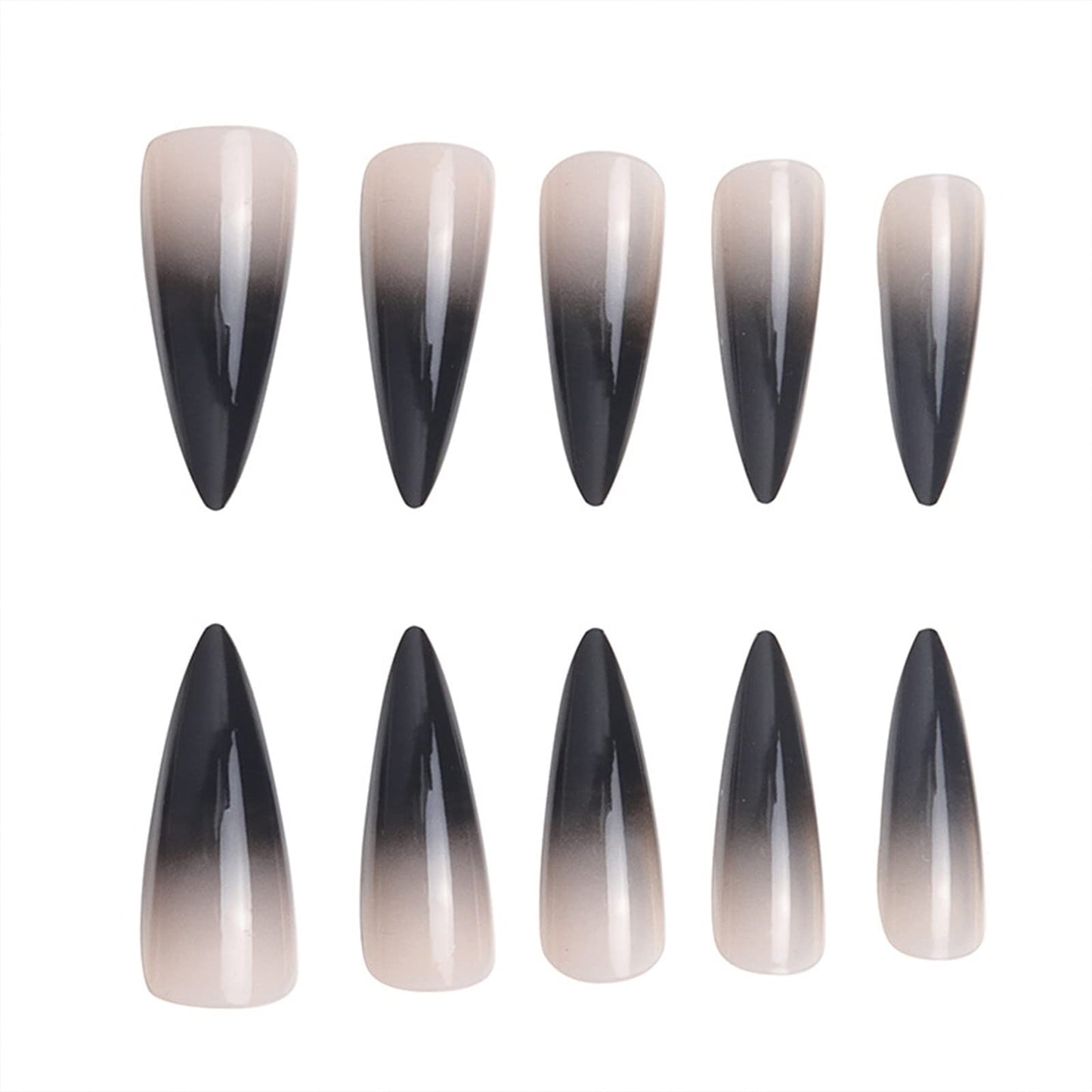 SINHOT Stiletto Press on Nails Extra Long Fake Nails with Glue Glossy False Nails with Black Gradient Designs Full Cover Almond Acrylic Nail 24pcs