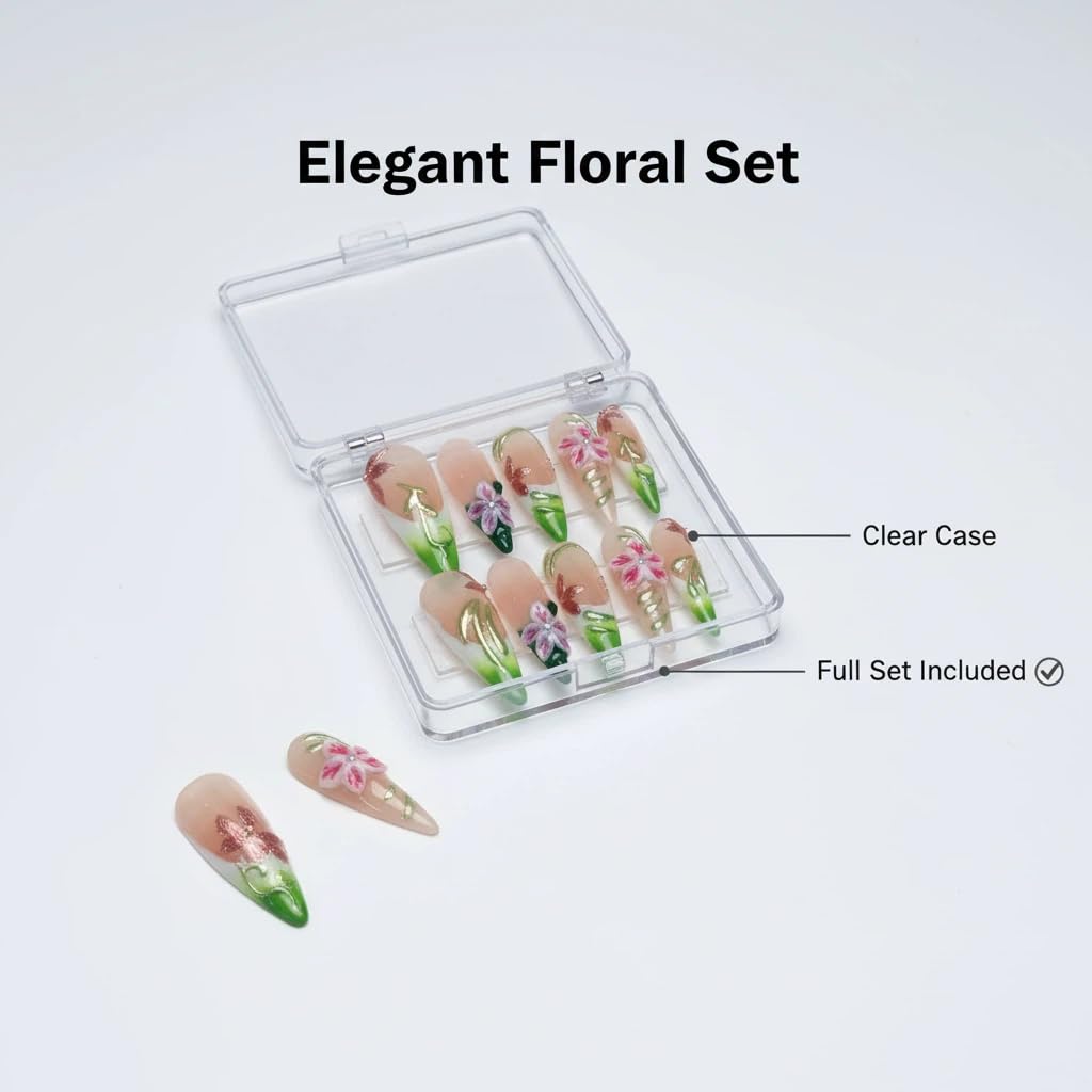 Handmade Press on Nails Long Stiletto False Nails French Tip Fake Nails with 3D Flower Designs Sparkly Green luxury Artificial Nails Reusable for Women 10pcs (Size M）