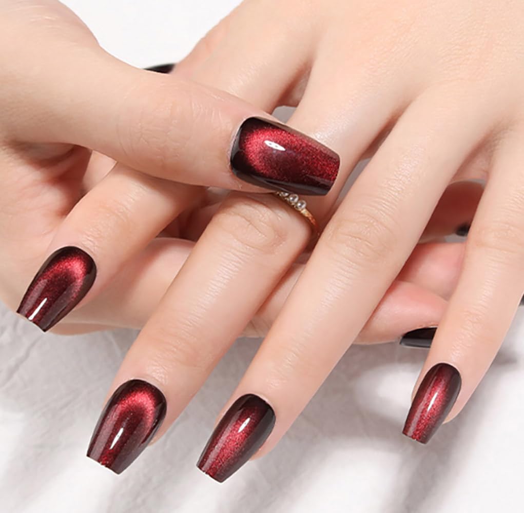 evpct Deep Burgundy Red Cat Eye Press on Nails Square Medium Coffin No Glue, Medium Square Stick on Nails for Women, Dark Red Metallic Glitter Glossy Reusable Spring Summer Press on Acrylic Fake Nail