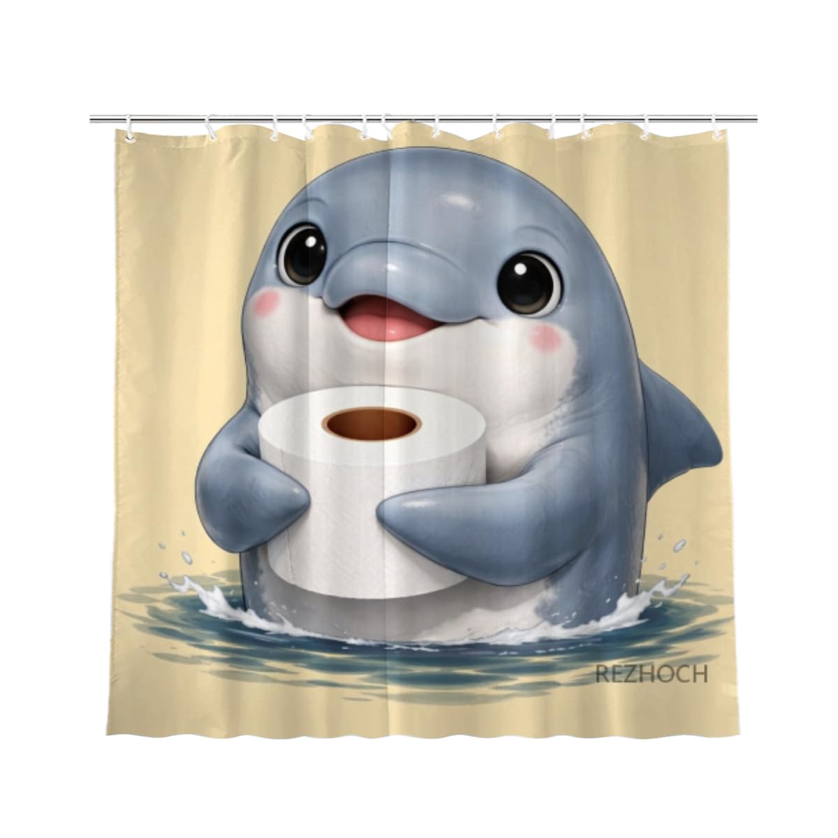 REZHOCH Funny Dolphin Shower Curtain 72x72 Inch,Cute Animal Holding Toilet Paper,Humor Art Home Bathroom Farmhouse Decor,Waterproof Fabric Bath Curtain Set with 12 Hooks