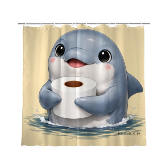 REZHOCH Funny Dolphin Shower Curtain 72x72 Inch,Cute Animal Holding Toilet Paper,Humor Art Home Bathroom Farmhouse Decor,Waterproof Fabric Bath Curtain Set with 12 Hooks
