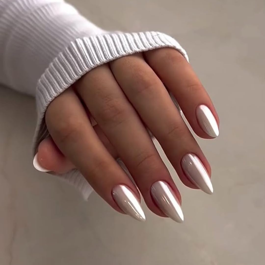 Pearl White Chrome Press on Nails Medium Long Almond, KQueenest Ice Iridescent Stiletto Fake Acrylic Nails With Holographic Mirror Effect, Cute Glue on Nails False Nails Press ons in24PCS