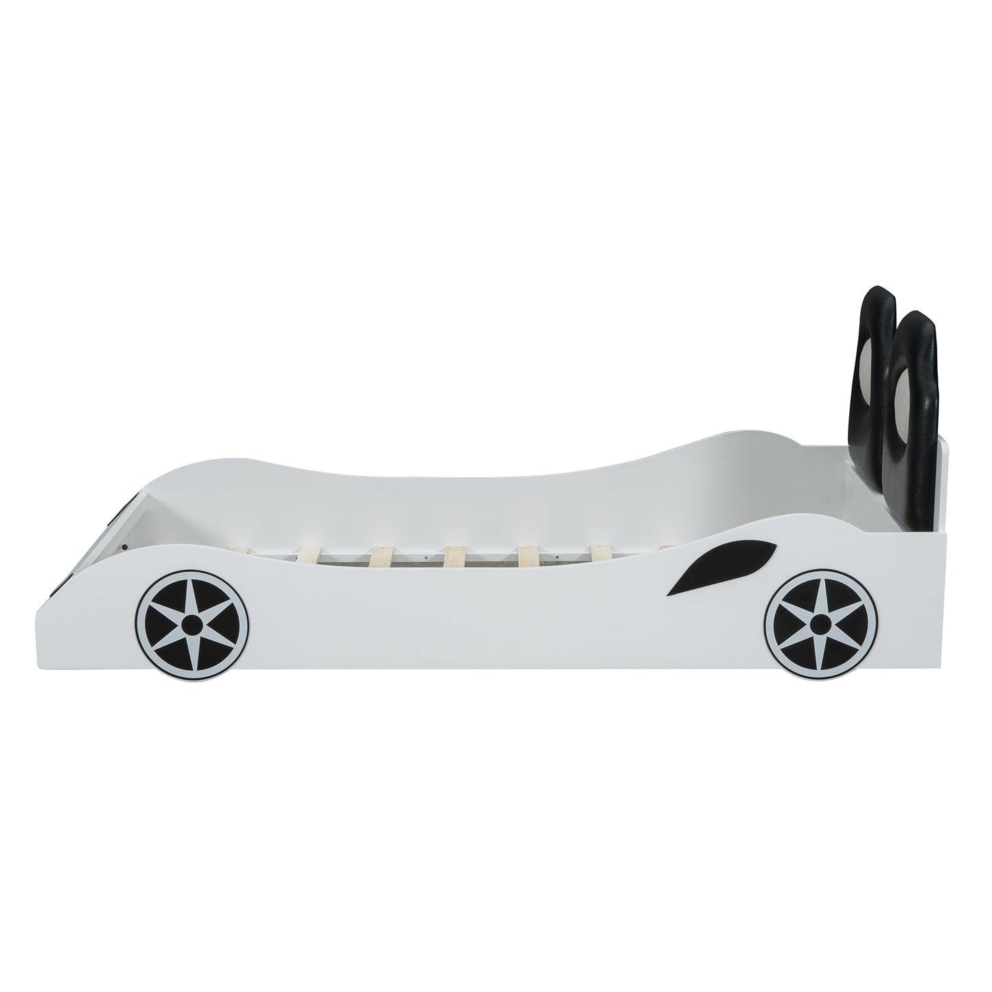Bellemave Wood Twin Size Race Car-Shaped Platform Bed with LED and Upholstered Backrest, Platform Bed Frame with Race Car-Shaped and Safety Guardrails for Boys, Girls (White)