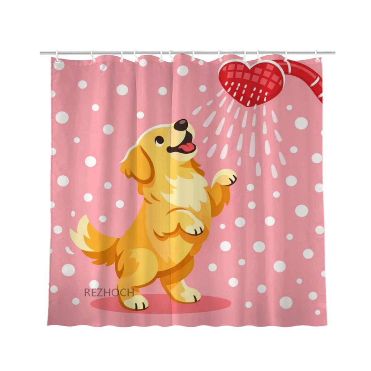 REZHOCH Cute Golden Retriever Shower Curtain 72x72Inch,Fun Animal Pink Home Farm Bathroom Decor,Heart Showerhead Cartoon Dog Waterproof Fabric Kids Girls Farmhouse Bath Set with Hooks