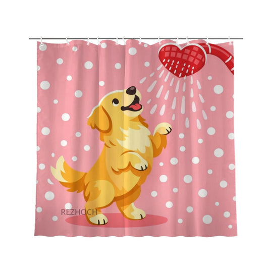 REZHOCH Cute Golden Retriever Shower Curtain 72x72Inch,Fun Animal Pink Home Farm Bathroom Decor,Heart Showerhead Cartoon Dog Waterproof Fabric Kids Girls Farmhouse Bath Set with Hooks
