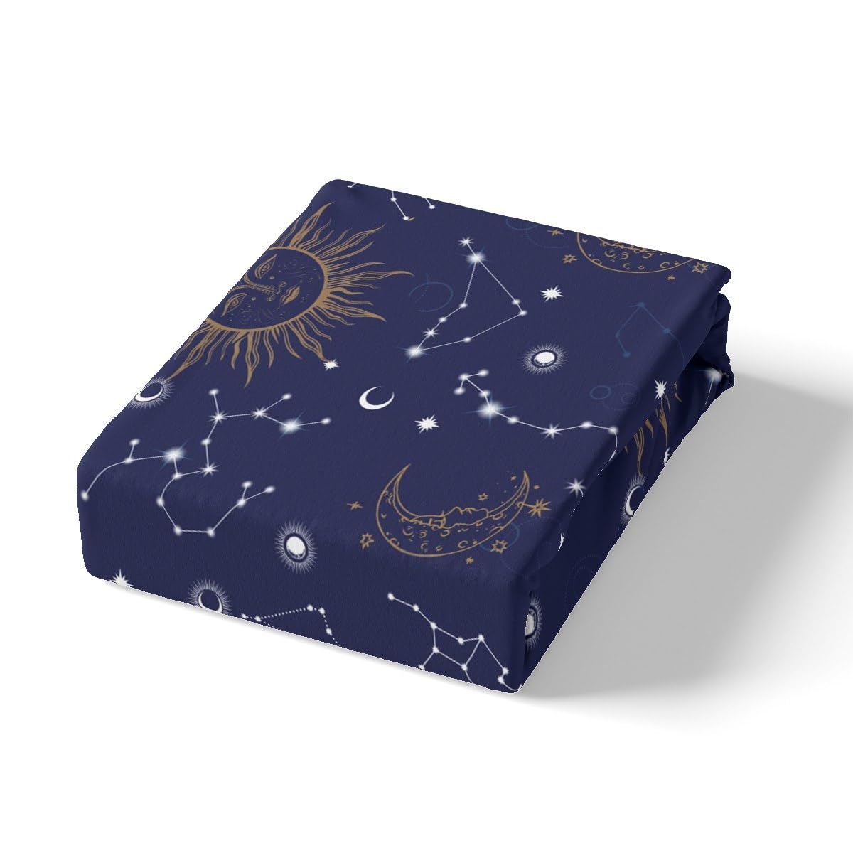 Castle Fairy Golden Sun Moon Fitted Sheet Set Full Size 4 Pcs,Stars Planets Bedding Set(1 Fitted,1 Flat,2 Pillowcases),Navy Blue Universe Luxury Deep Pocket Bed Sheets for Girls Teesn Room