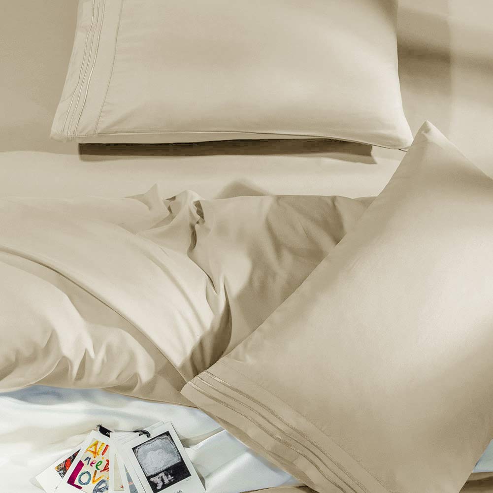 SONORO KATE Bed Sheet Set Super Soft Microfiber 1800 Series Luxury Egyptian Sheets Fit 18-24 Inch Deep Pocket Mattress Wrinkle-6 Piece (Beige, Queen)