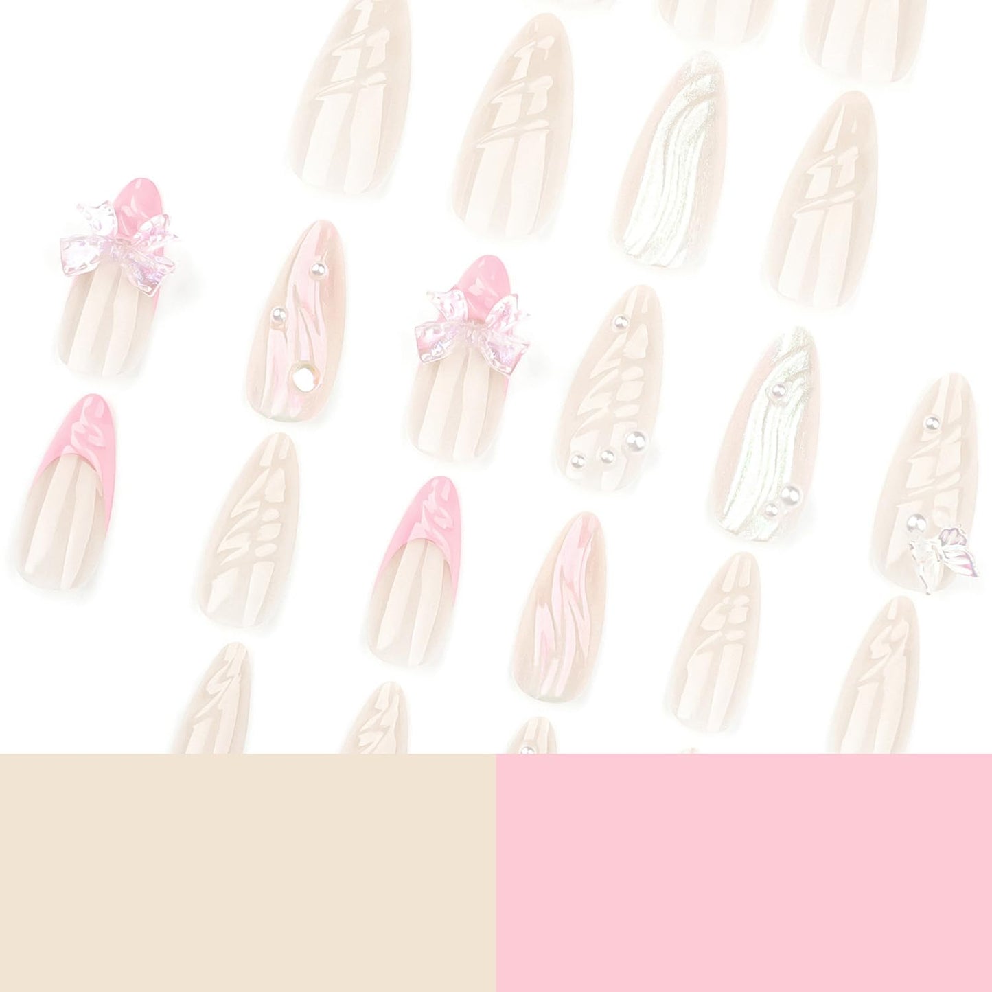 LPOODDNU 3D Almond Press on Nails Medium Fake Nails Acrylic Handmade Glue on Nails with 3D Butterfly Bow Designs Full Cover Stick on Nails Cute Almond Medium False Nails for Women Manicure 24Pcs