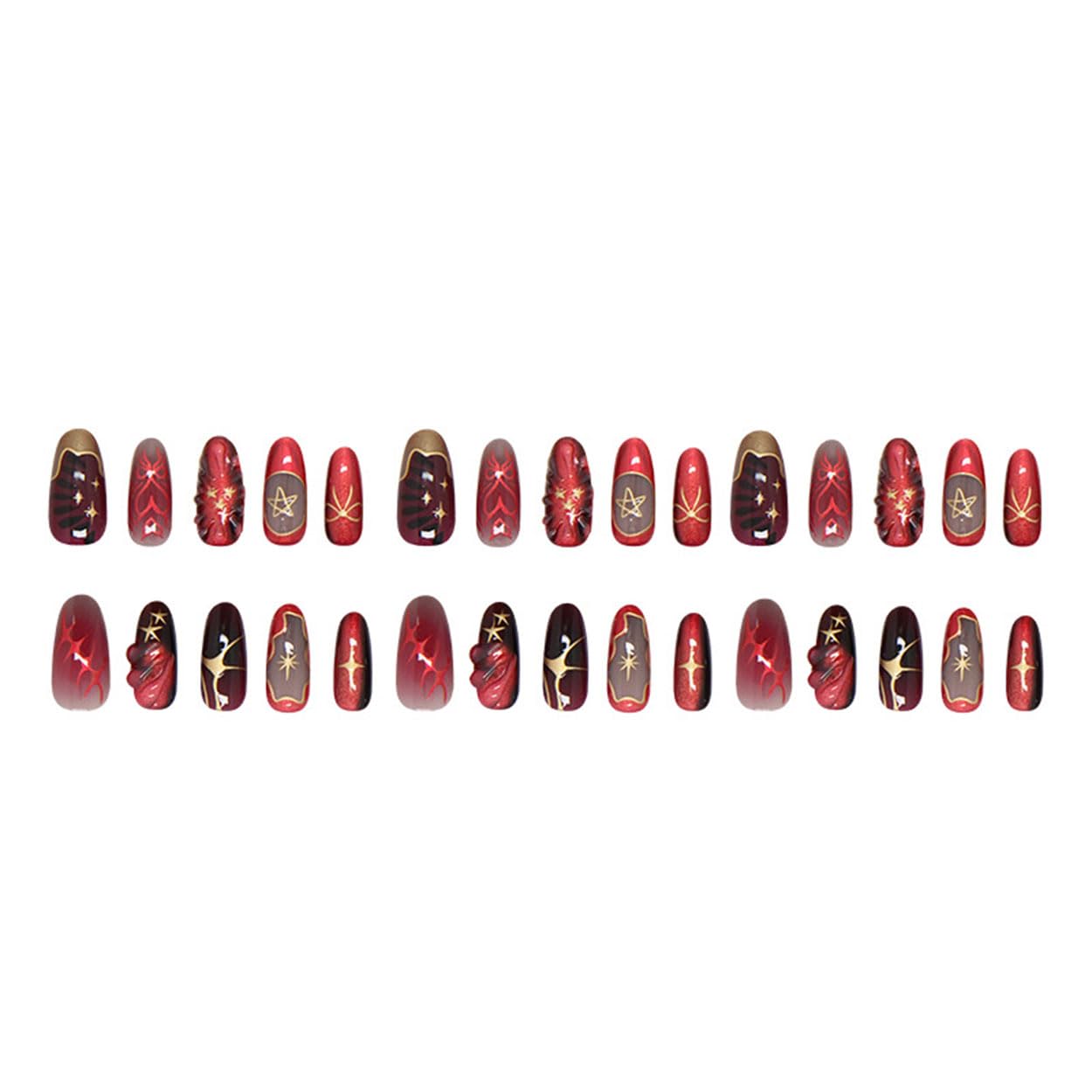 Press on Nails Almond Medium Red Fake Nails French Tip False Nails Press ons with Starburst Design Glue on Nails Artificial Acrylic Nail Art Glossy Full Cover Stick on Nail Supplies for Women 24Pcs