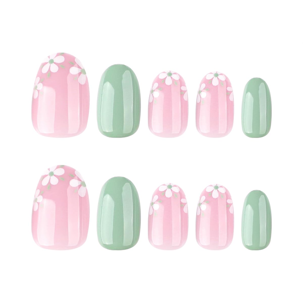 Mivota Short Oval Press On Nails green Pink False Nails with Flowe Finish Fashion Glossy Acrylic Press ons Nail Gel Stick On Nails Set Glue on Nails for Women & Girls, 24Pcs