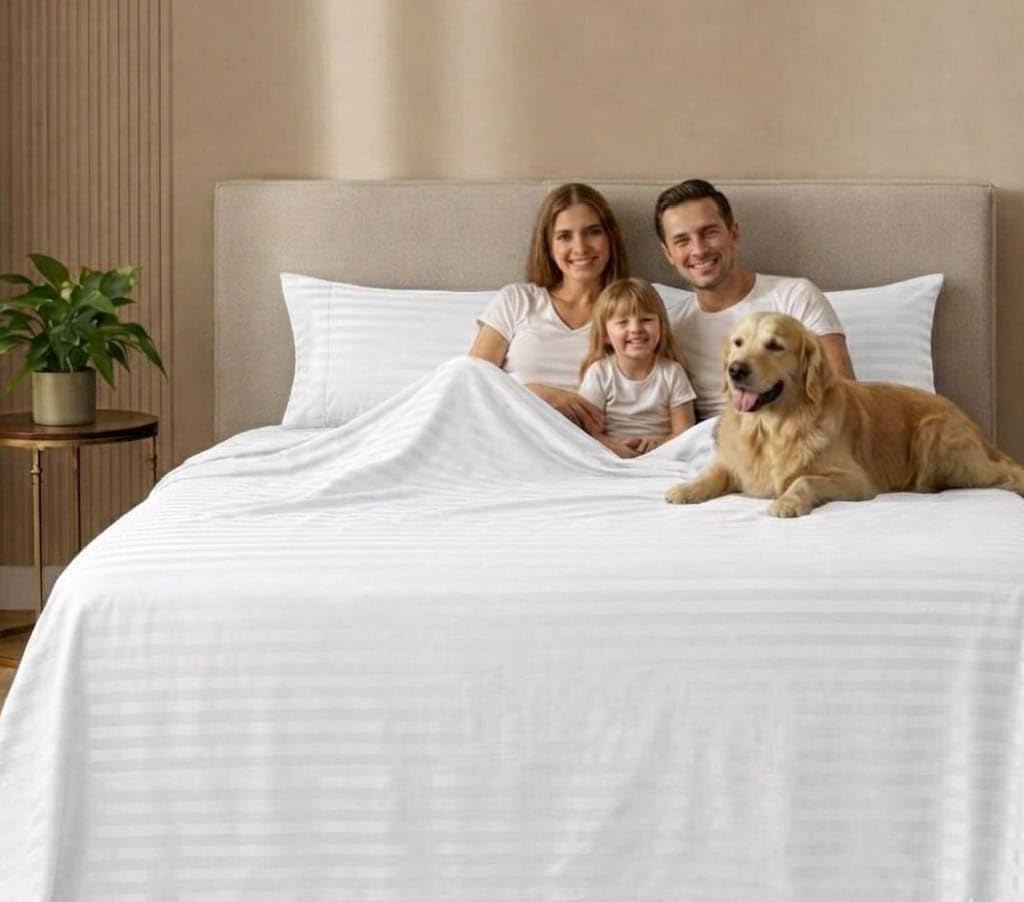 SHAC HOMES King Sheet Set 4 Piece – Oeko-TEX Certified, Soft Brushed Microfiber, Deep Pocket 8"–12", Wrinkle & Fade Resistant, Breathable Cooling Sheets, Hotel Dobby Stripe – White