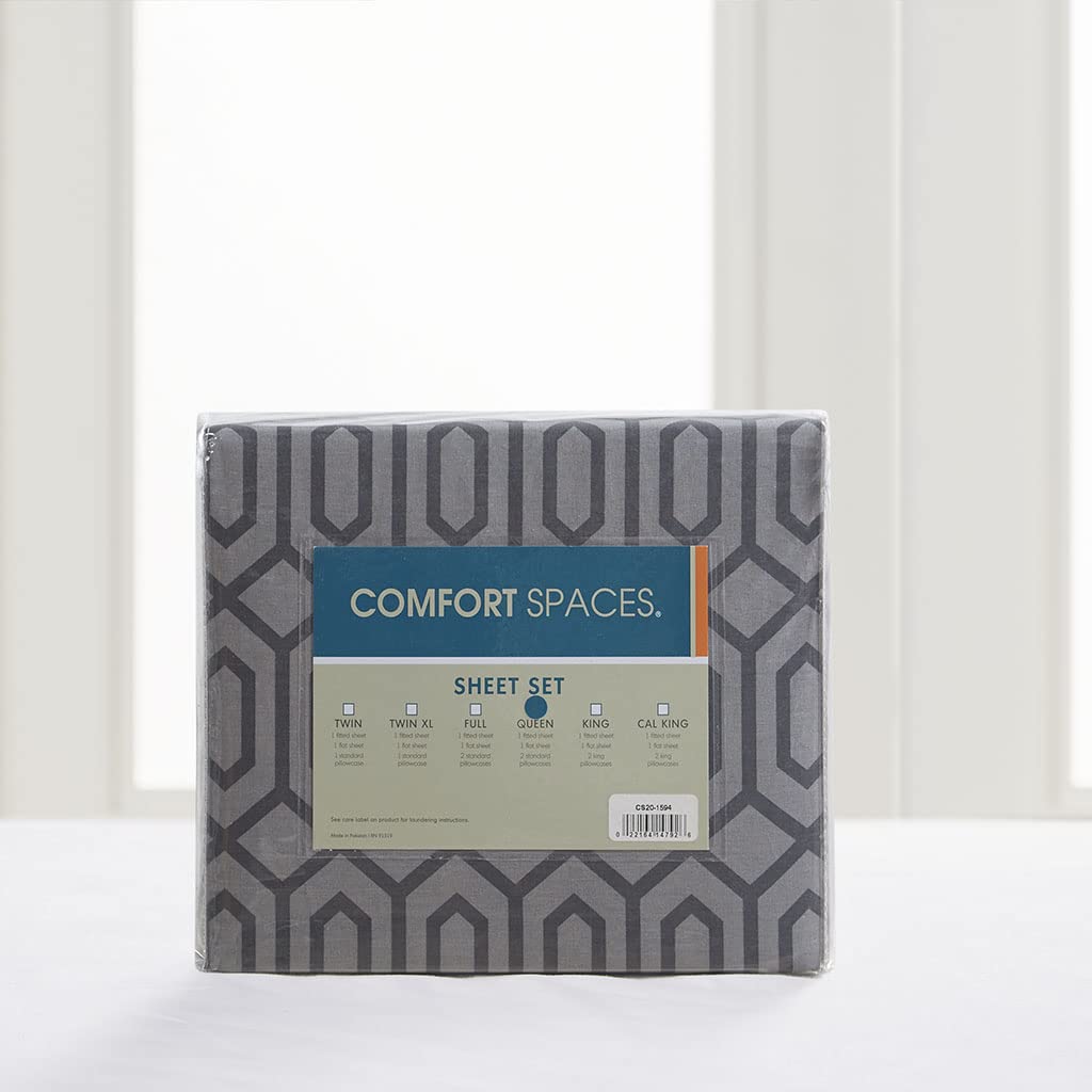 Comfort Spaces 100% Cotton Sheet Set Breathable, Lightweight, Soft with 14" Elastic Pocket Fits up to 16" Mattress, All Season Cozy Bedding, Matching Pillow Case, Cal King Diamond Sliver 4 Piece