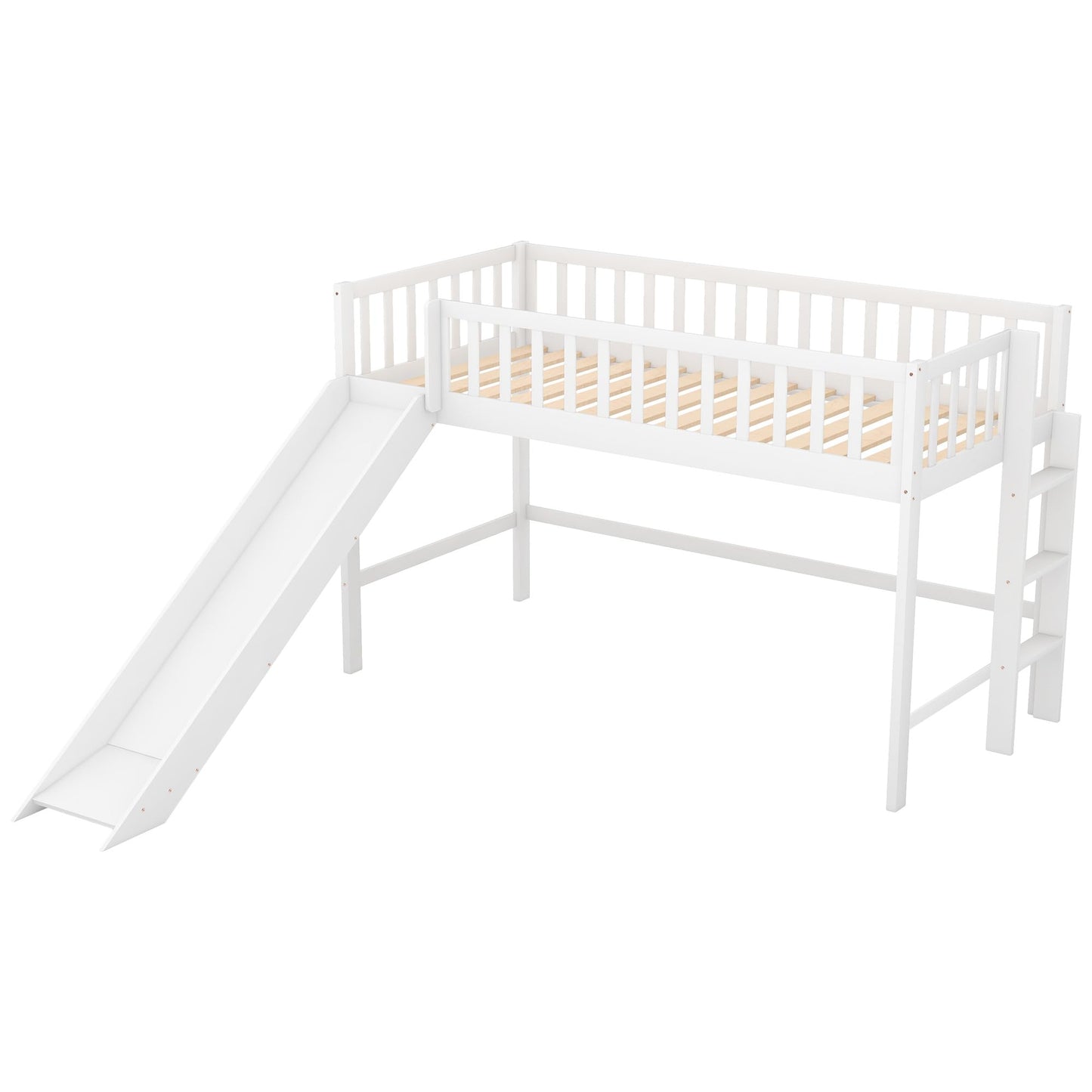 Bellemave Twin Size Low Loft Bed with Slide,Kids Loft Bed with Ladder,Wood Kids Loft Bed Twin Size for Girls Boys,White