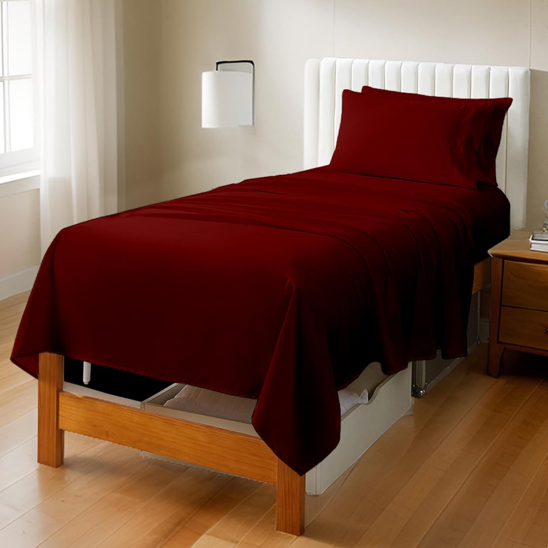 Full XL Sheet Set for Dorm, Soft Microfiber Bed Sheets with Pillowcase, Wrinkle Resistant & Lightweight, Ideal for College Dorm Room Bed, Burgundy