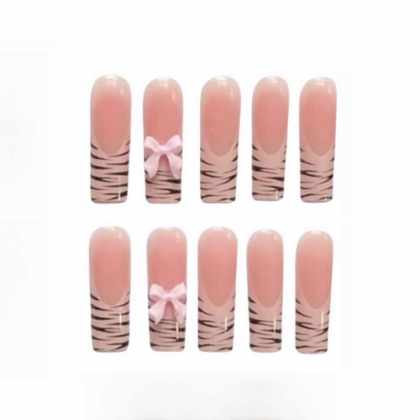 MISUD Press on Nails - Long Square Fake Nails with Zebra French Tip, Acrylic Pink Bow Design 24 pcs