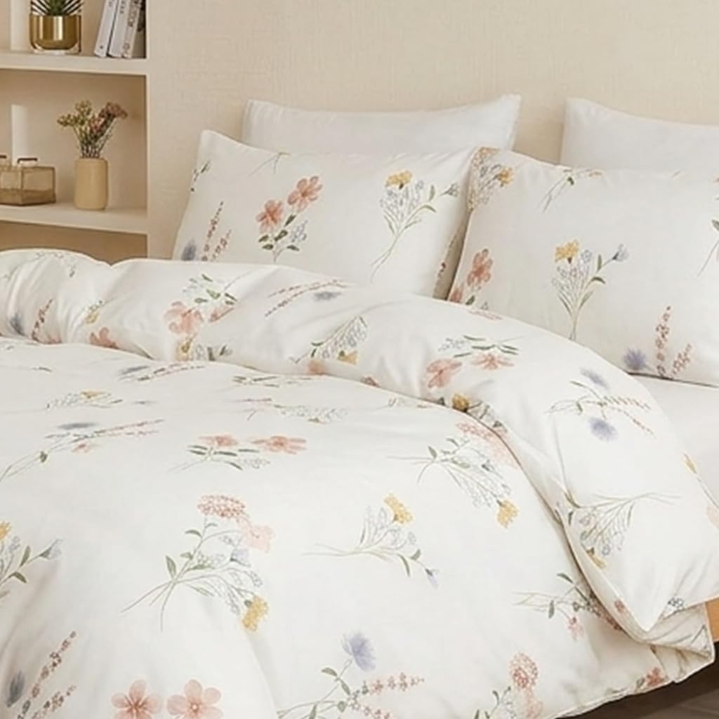 Cozaline 100% Cotton Duvet Cover Set Queen – Pink Watercolor Wildflower Meadow Bedding Set 3 Pieces, Lightweight Ultra Soft Comforter Cover with Zipper Closure, Soft Pastel Botanical Bed Set