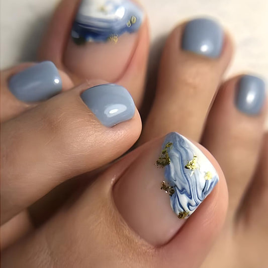 Square Fake Toenails Summer Glossy Blue White Gradient Press on Toenails Gold Foil Short Acrylic Toes Nails with Sea Wave Designs Light Blue Artificial Beach Full Cover Toenail for Women Girls 24 Pcs
