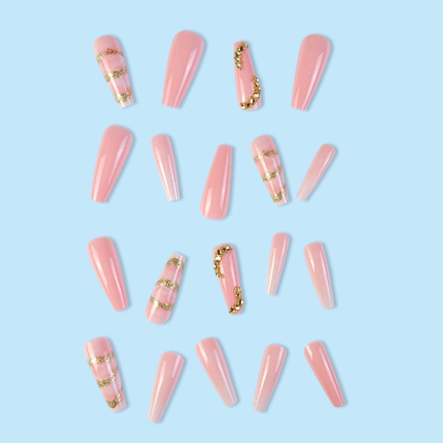Gifiky Marble Nails Fake Nails Long Coffin Press on Nails Bling Nails Tips Crystal Gem Design Full Cover Gradient False Nails Pink for Women and Girls 24Pcs