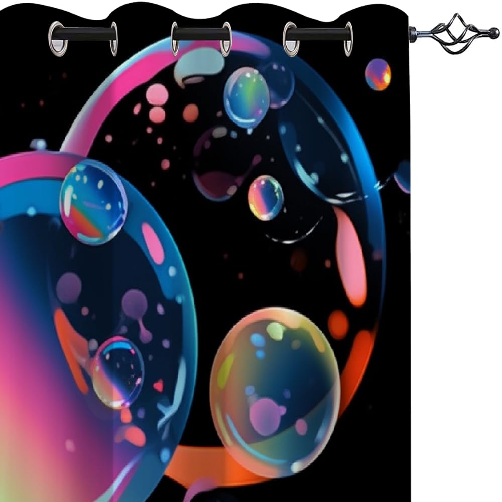 Colorful Bright Bubbles Blackout Curtains, Black Background 3D Print Thermal Insulated Drapes, 2 Panels Energy Efficient Curtains for Sliding Glass Door Bedroom Living Room(42" W x 63 "L)