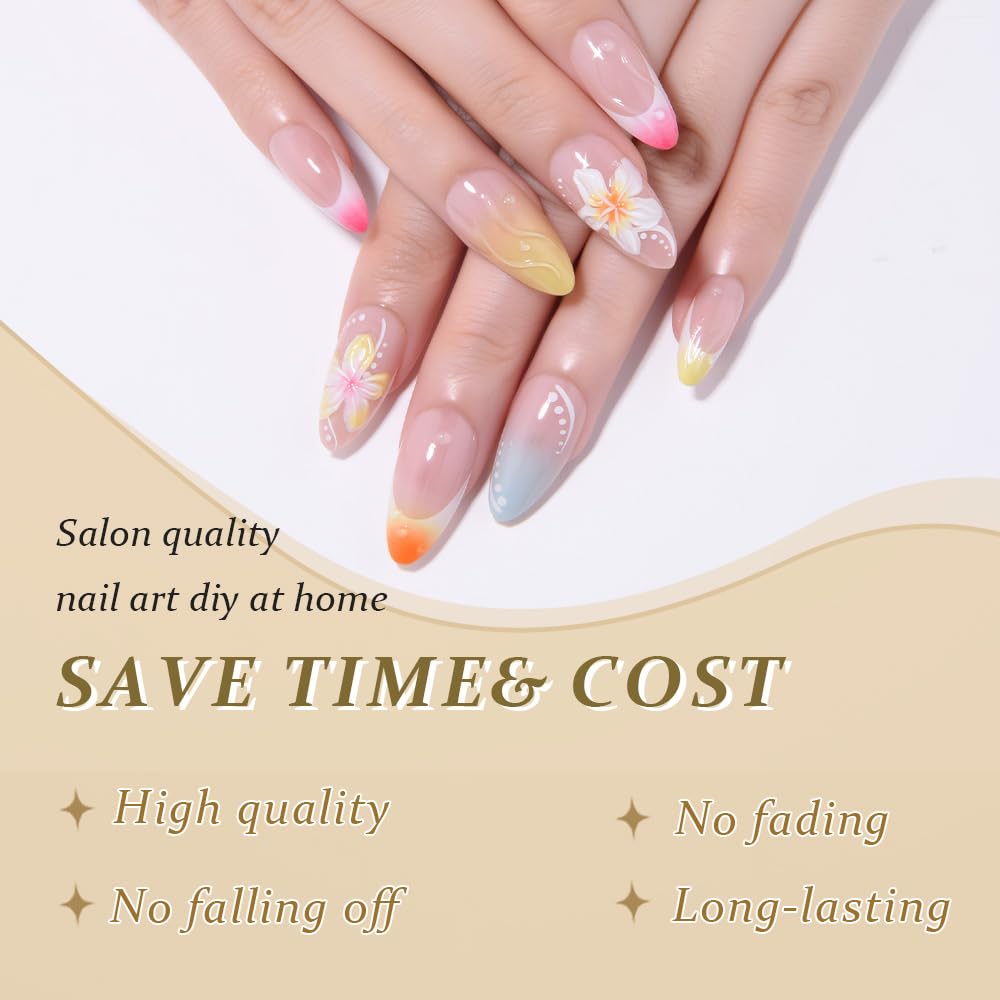 Nude French Press on Fake Nails Medium Short Oval with 3D Flower Design, False Summer Nail Reusable Press ons Artificial Manicure for Women Girls, Perfect Fit Stick on Nail Glossy Finish, 24Pcs
