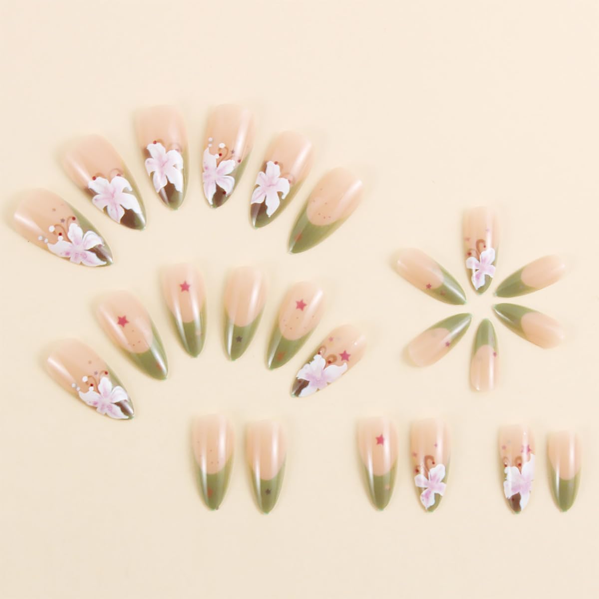 24Pcs Green French Tip Press on Nails Medium Almond Flower Fake Nails with Colour Star Glitter Design Spring False Nails Full Cover Artificial Glue on Nails Glossy Stick on Nails for Women Manicure