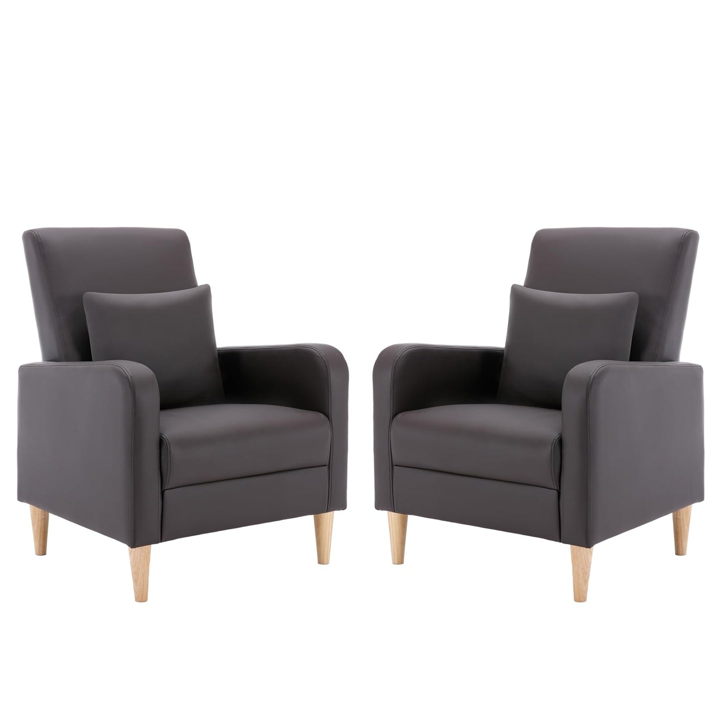 COLAMY Mid-Century Modern Accent Chairs Set of 2, Faux Leather Upholstered Living Room Chairs with Back Pillow & Solid Wood Legs, Comfy Armchair for Living Room, Bedroom, Single Sofa, Dark Brown
