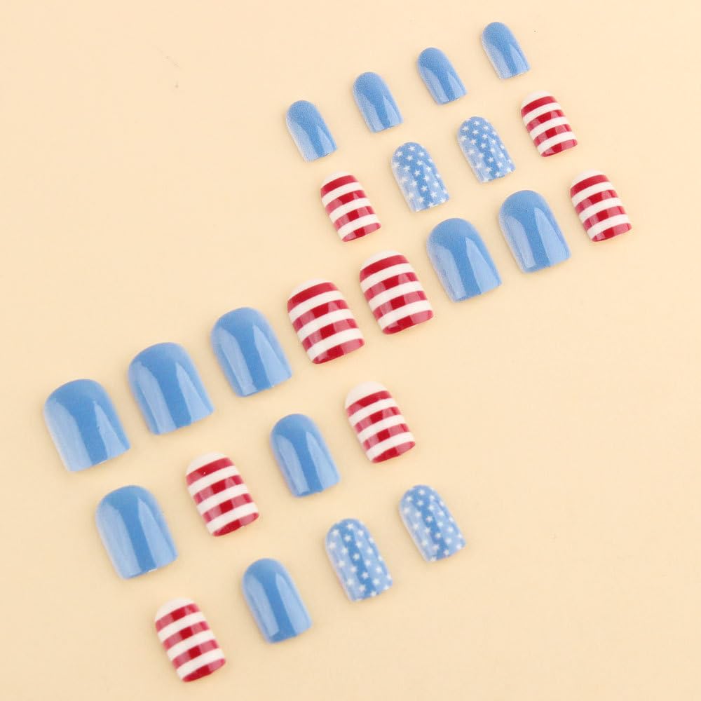 24Pcs Independence Day Press on Nails Short Square Fake Nails Red Blue White Stripes Stars Stick on False Nails Reusable Glossy Acrylic 4th of July Nails Full Cover Glue on Nails for Women Decor