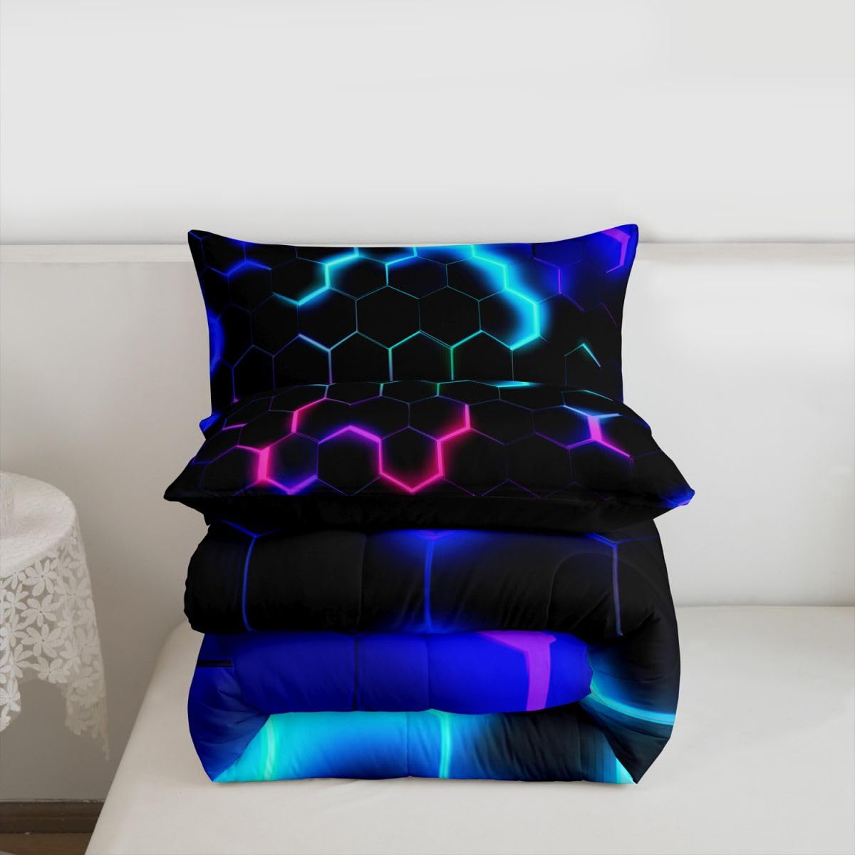 Castle Fairy 3D Honeycomb Comforter Set Twin Size,Neon Hexagon Theme Quilt Set Pink Blue Bedding 2pcs,Fashion Duvet Insert 1 Pillowcase,Black