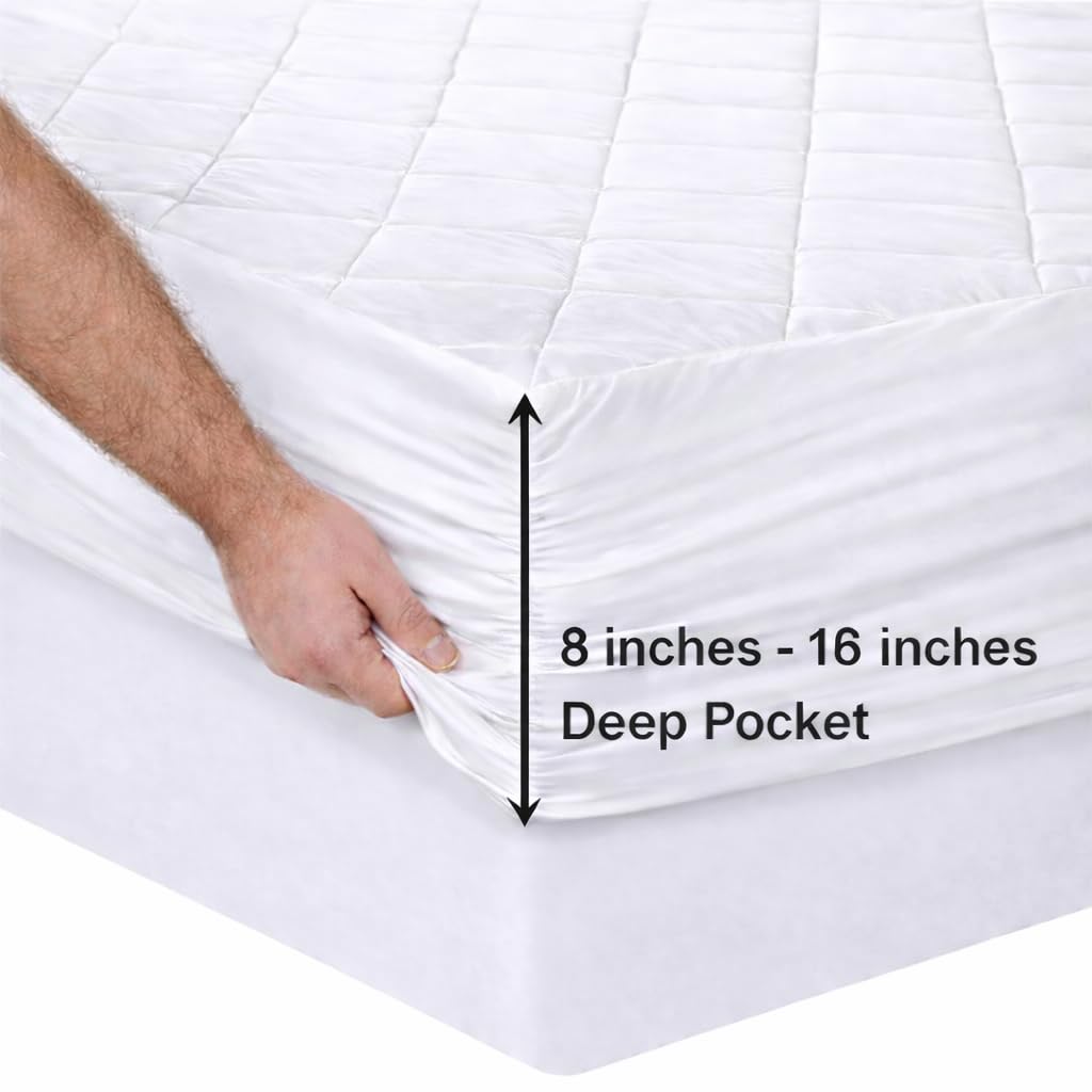Novastile Queen Size Quilted Fitted Mattress Pad, Elastic Fitted Mattress Topper Protector and Cover with Deep Pocket Stretches up to 18 Inches, Soft & Machine Washable