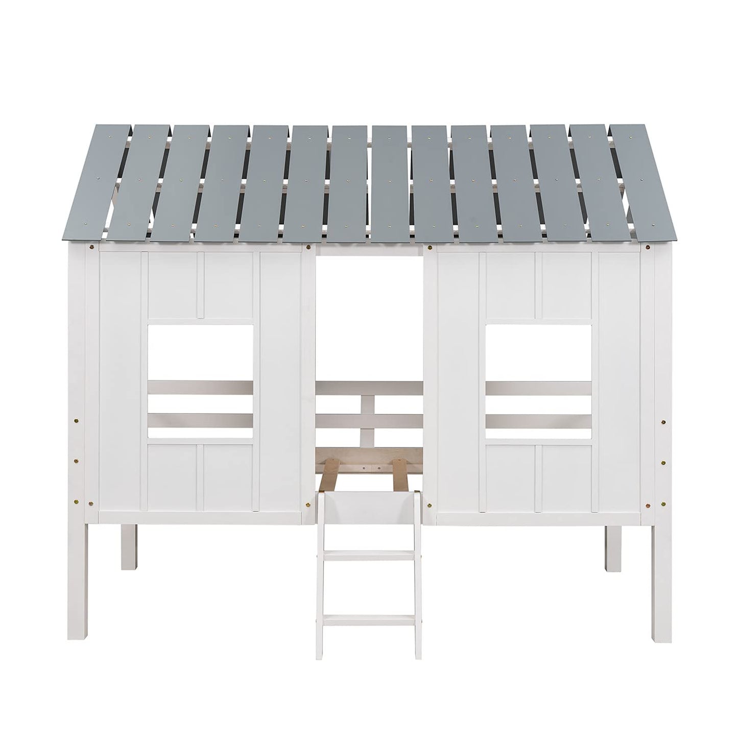 Twin Size Wooden House Bed with Ladder, Kids Low Loft Bed with Two Front Windows, White
