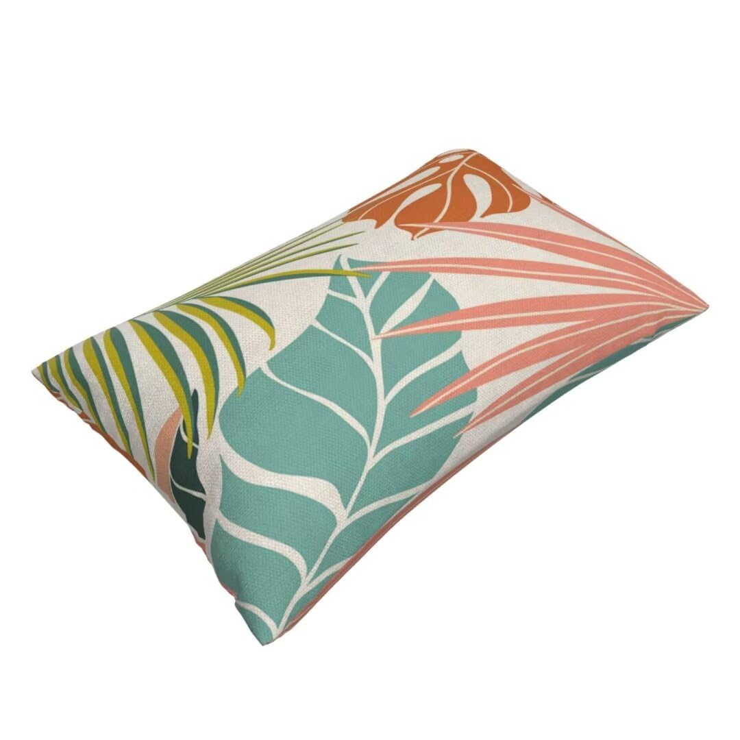 Summer Palm Leaf Pillow Covers 12x20 Set of 2, Coral Tropical Leaf Decorative Outdoor Throw Pillow Covers Green Blue Botanical Farmhouse Cushion Case Linen Square Decor for Home Couch Sofa