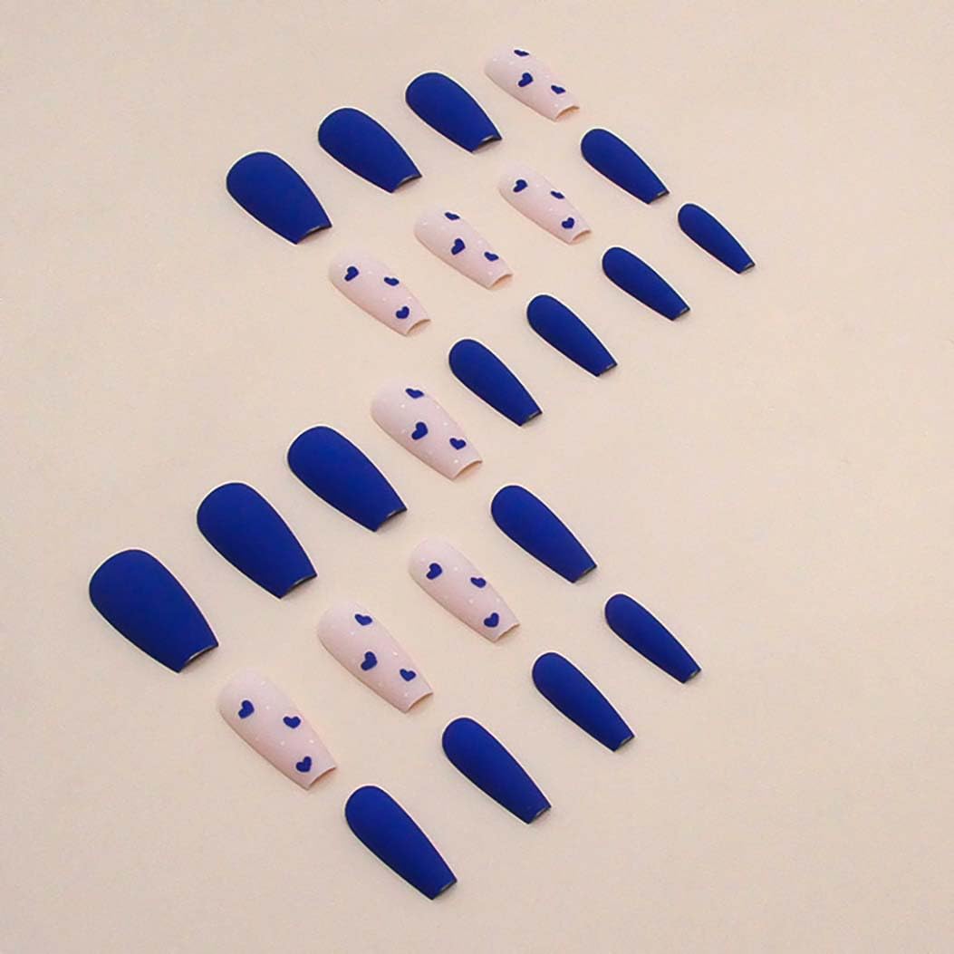 RikView Long Fake Nails Coffin Press on Nails with Hearts Design Blue Nails Matte Full Cover Nails for Women 24 PCs/Set