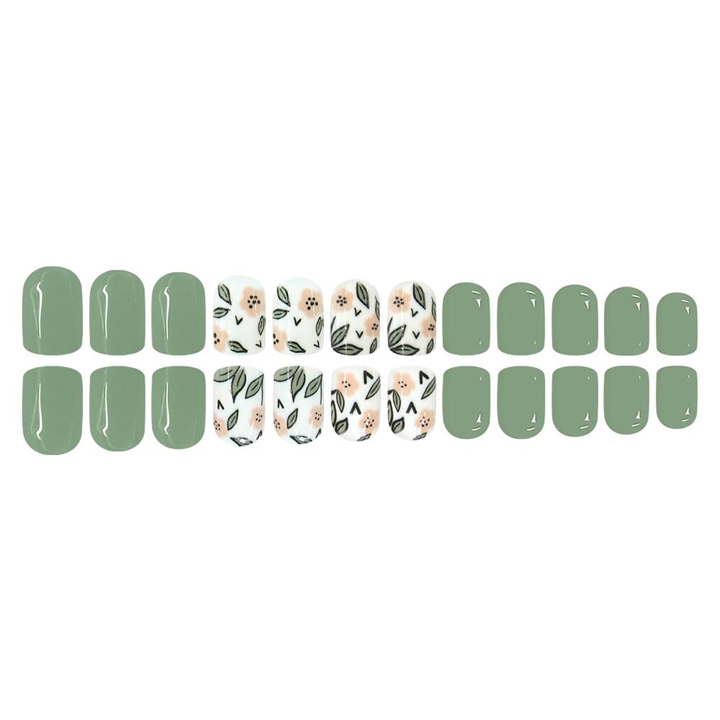 Green Flower Press On Nails Short Oval Fake Nails Artificial Acrylic False Nails With Leaf Designs Spring Glossy Nails Press Ons Full Cover Glue On Nails Short Stick On Nails For Women Girls