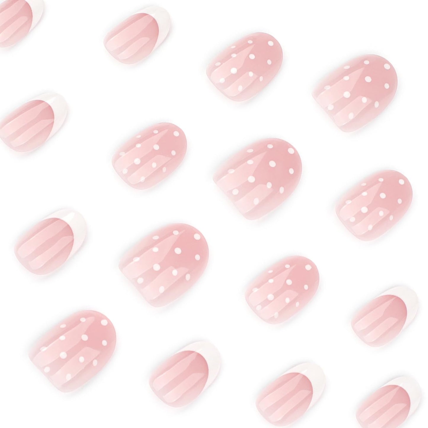 Short Oval Polka‑Dot Press‑On Nails — Nude Pink Translucent Base, White Smile Tips & Polka Dots, Reusable Full‑Cover False Nails, Salon‑Quality, Easy‑Apply Tabs — Ideal for Women & Girls