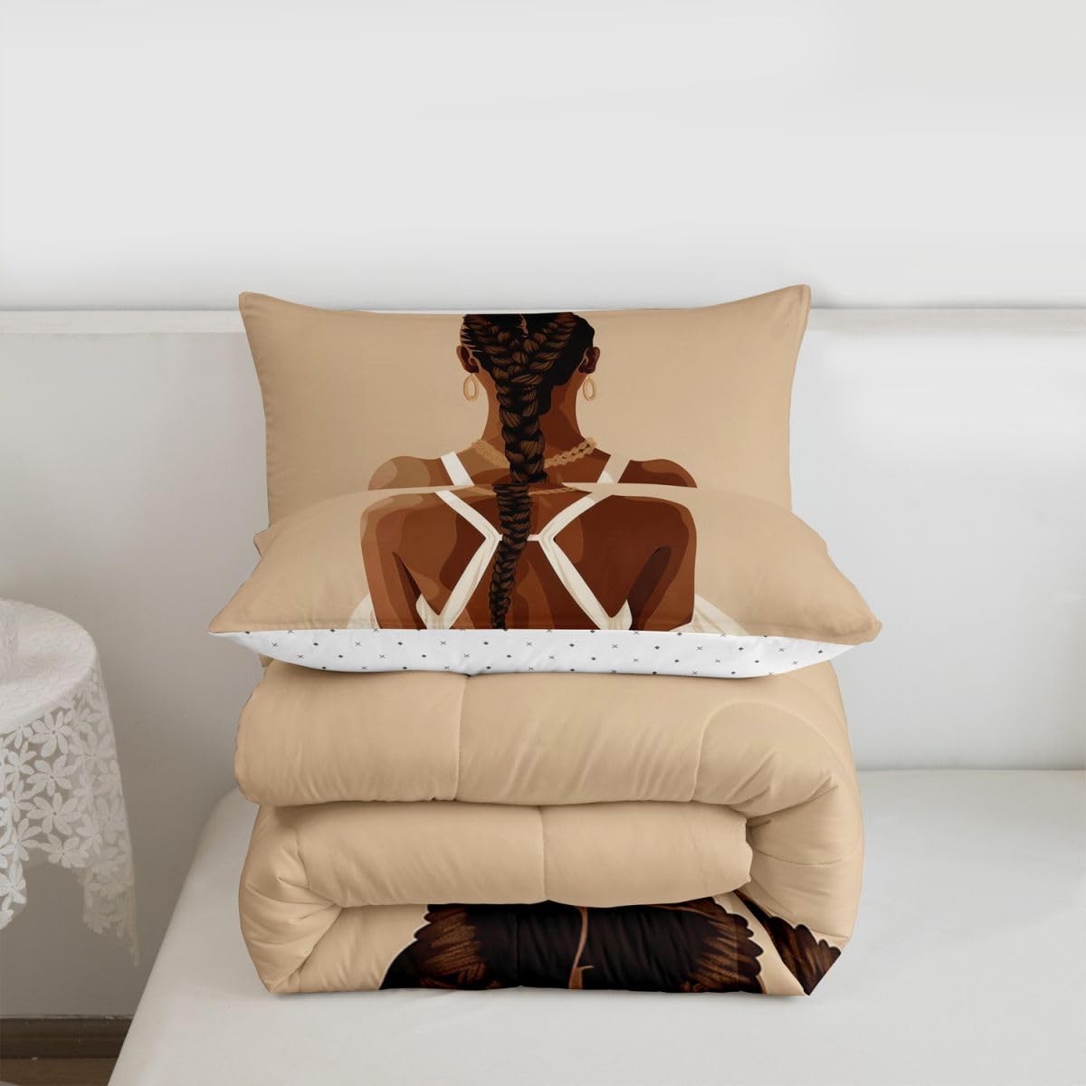 jejeloiu Black Girl Bedding Set Soft for Boys Girls, African American Black Women Comforter Set Toddler Size Fashion Duvet Quilt Microfiber Bedroom Decor 2 Pcs with 1 Pillow Cases
