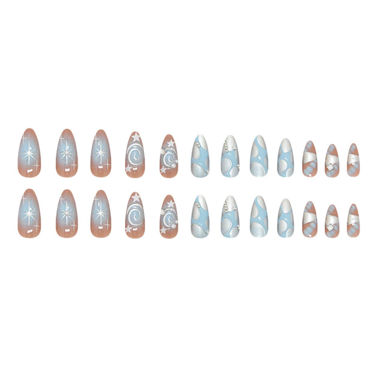 Press on Nails Almond Medium Fake Nails French Tip False Nails Press ons with Silver Starburst Design Glue on Nails Artificial Acrylic Nail Art Glossy Full Cover Stick on Nail Supplies for Women 24Pcs