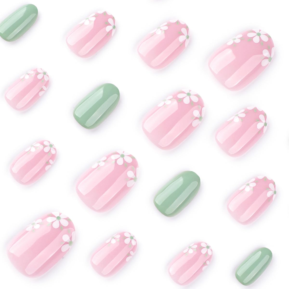 Mivota Short Oval Press On Nails green Pink False Nails with Flowe Finish Fashion Glossy Acrylic Press ons Nail Gel Stick On Nails Set Glue on Nails for Women & Girls, 24Pcs