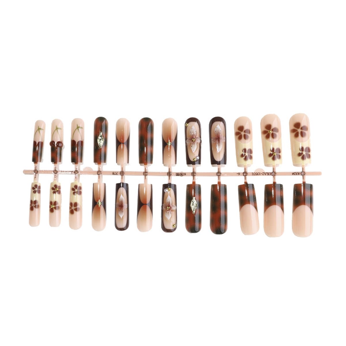 Long Square Press on Nails Brown Fake Nails French Tip Glue on Nails with 3D Flower, Cherry, Gold Charms Designs Full Cover Glossy False Nail Press ons Stick on Nail for Women Manicure 24Pcs