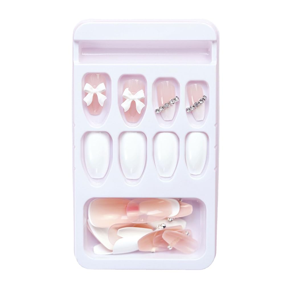 Hrnsnails Long Press On Nails Coffin White Fake Nails with Rhinestones and Bow Charm Nail Press Ons Design, Artificial False Nails Press On Nail Kit Stick On Nails for Women