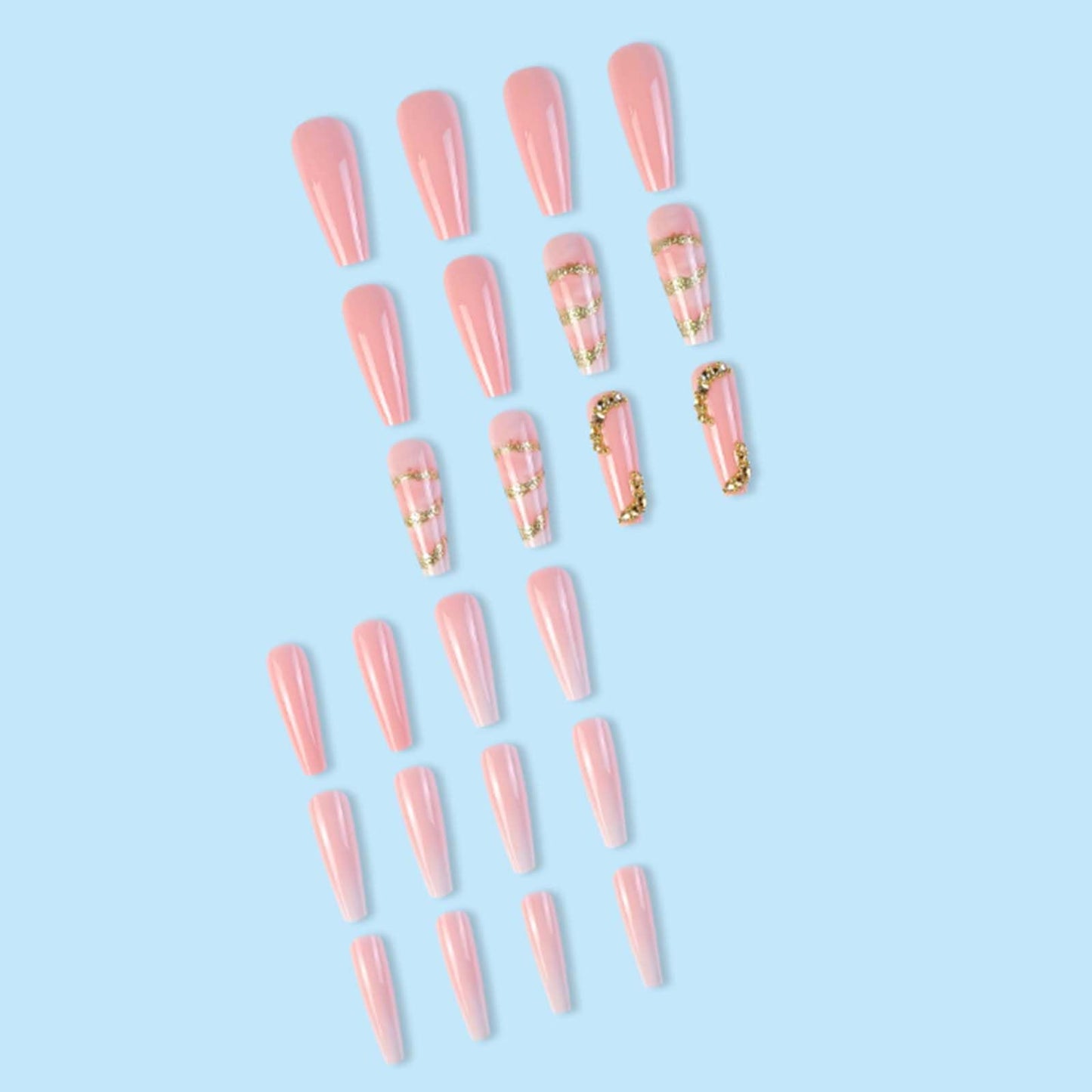 Gifiky Marble Nails Fake Nails Long Coffin Press on Nails Bling Nails Tips Crystal Gem Design Full Cover Gradient False Nails Pink for Women and Girls 24Pcs